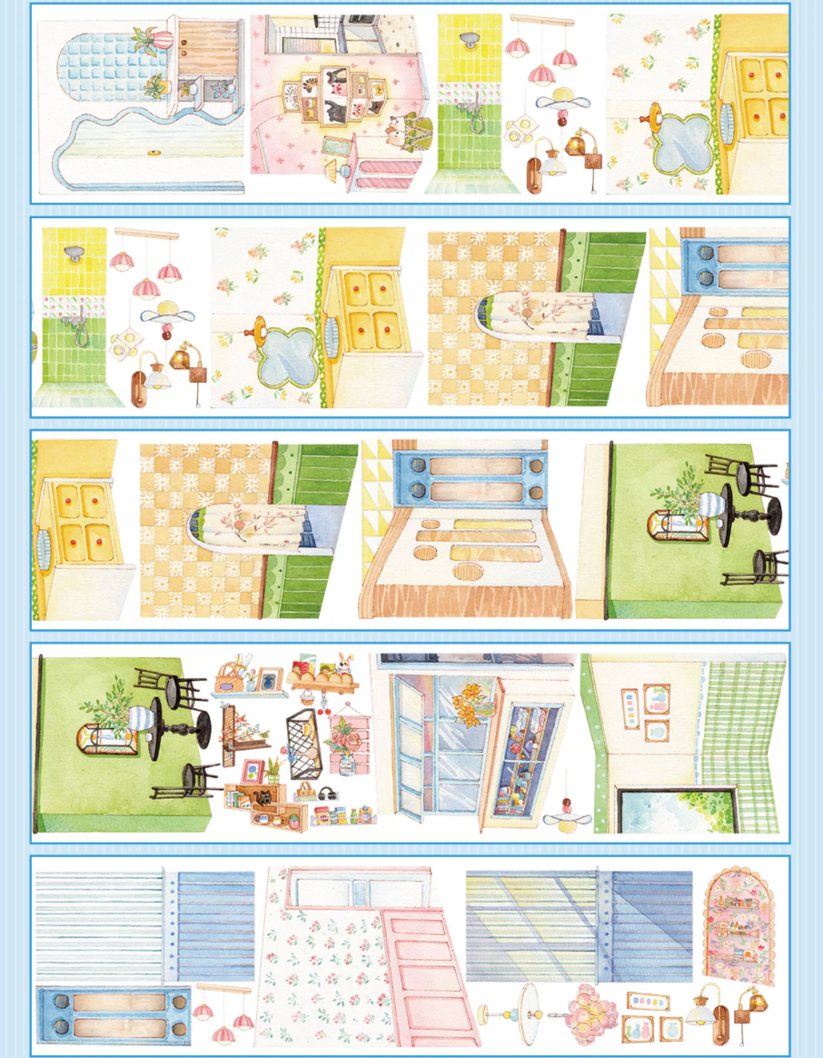 PET tape strips showing kawaii illustrated room interior scenes including pastel bedroom bathroom and cozy living room