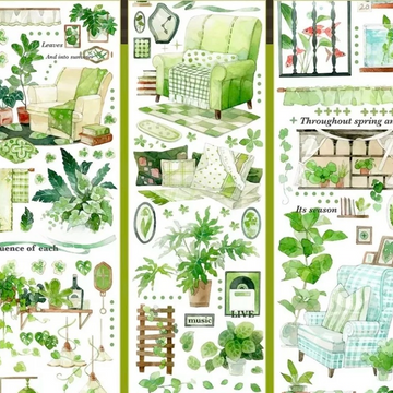 Green botanical interior PET tape showing watercolor potted plants foliage and cozy furniture indoor scenes