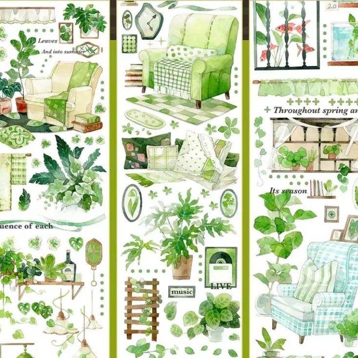 Green botanical interior PET tape showing watercolor potted plants foliage and cozy furniture indoor scenes