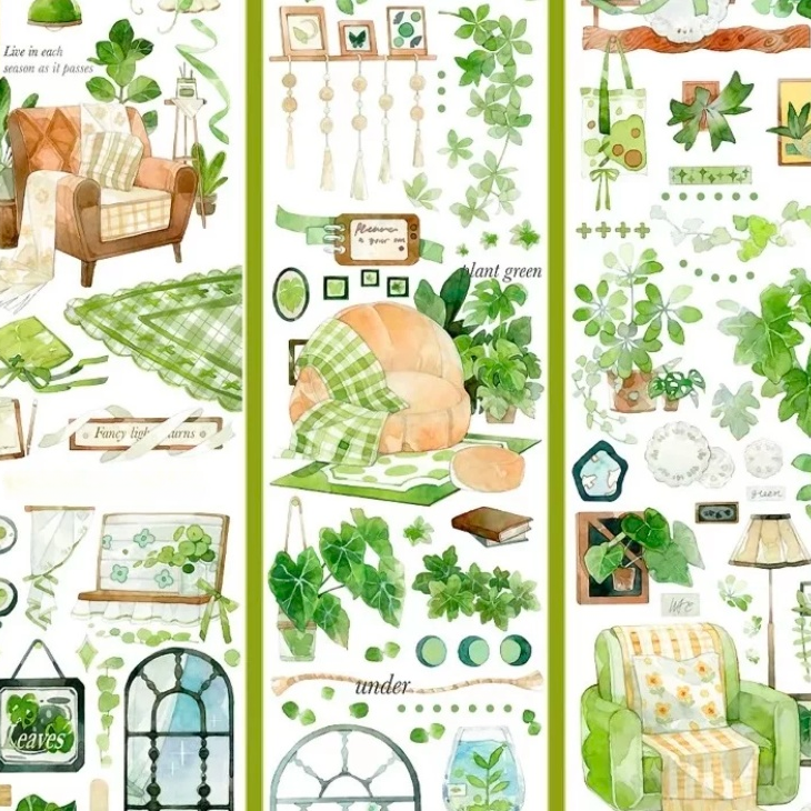 Green botanical PET tape strips with illustrated hanging vines indoor plants and cozy home decor