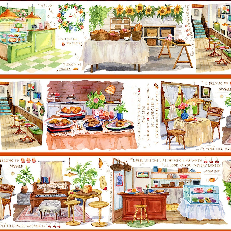 Cozy bakery and cafe PET tape showing illustrated bakery counter with sunflowers and fresh bread display