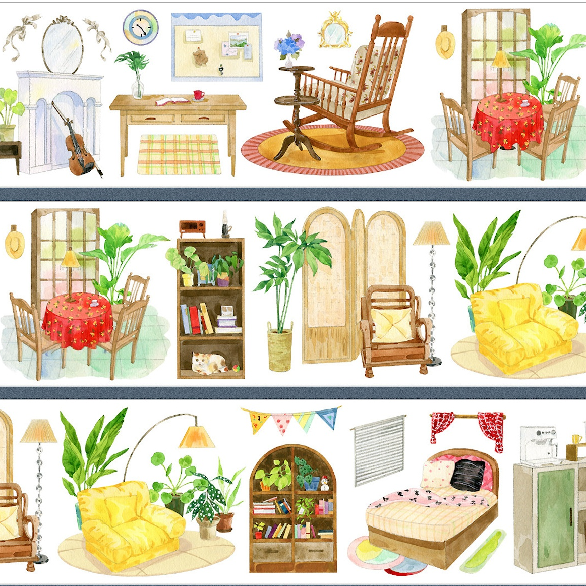 Stay Home Diary furniture PET tape with illustrated home decor including mirrors plants and kitchen cabinets