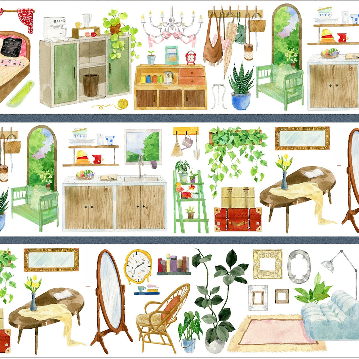 Cozy home furniture decor PET tape showing watercolor wooden cabinets mirrors plants and household items