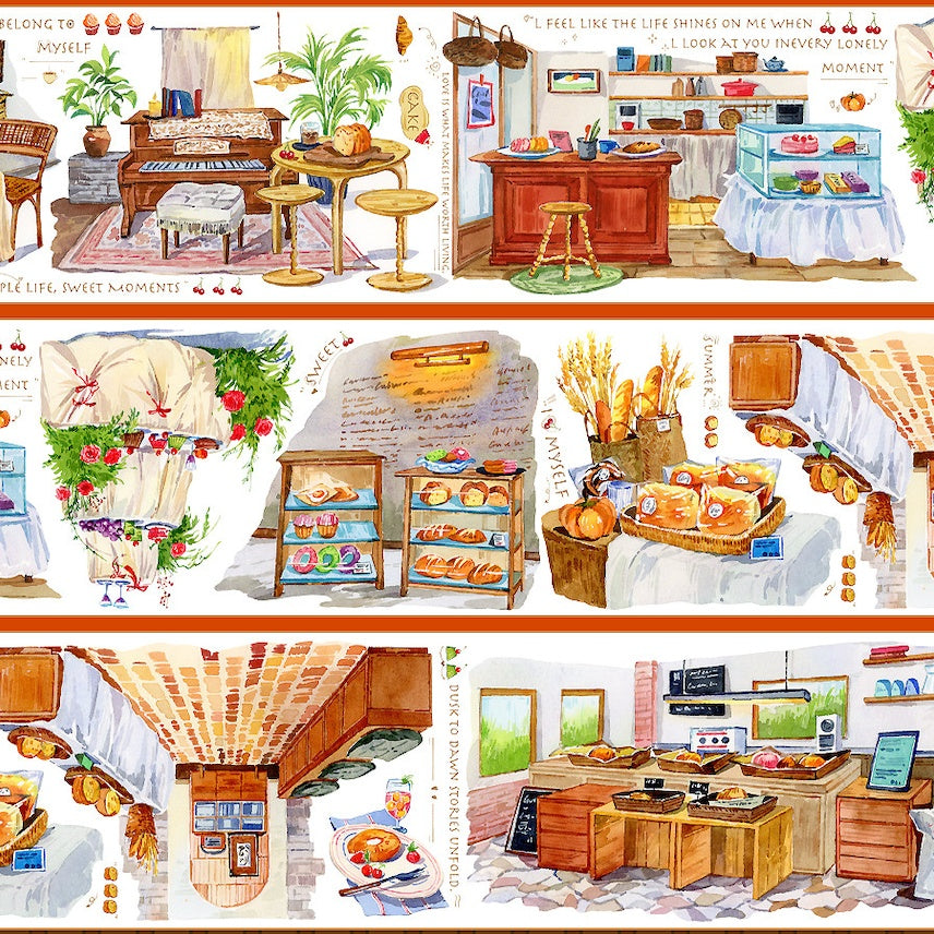 Bakery cafe interior PET tape with warm watercolor scenes of vintage cafe dining room and sweet moments