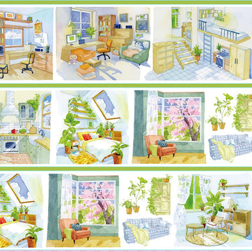 Warm home interior room scenes PET tape showing watercolor bedroom with cherry blossom window view
