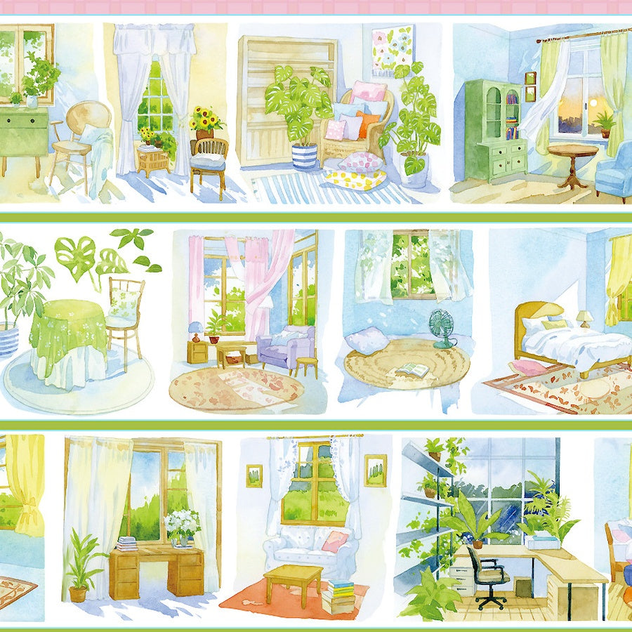 Three strips of warm home interior PET tape with soft watercolor room scenes and natural light