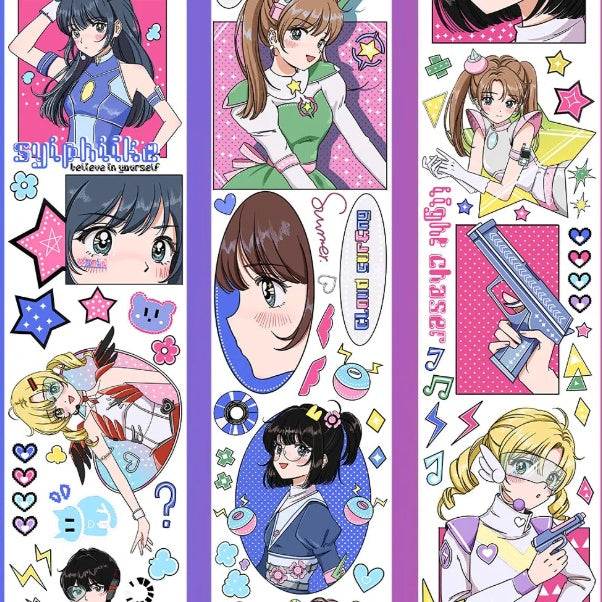 Colorful idol anime girls PET tape showing vibrant pop-art characters with Light Chaser text accents
