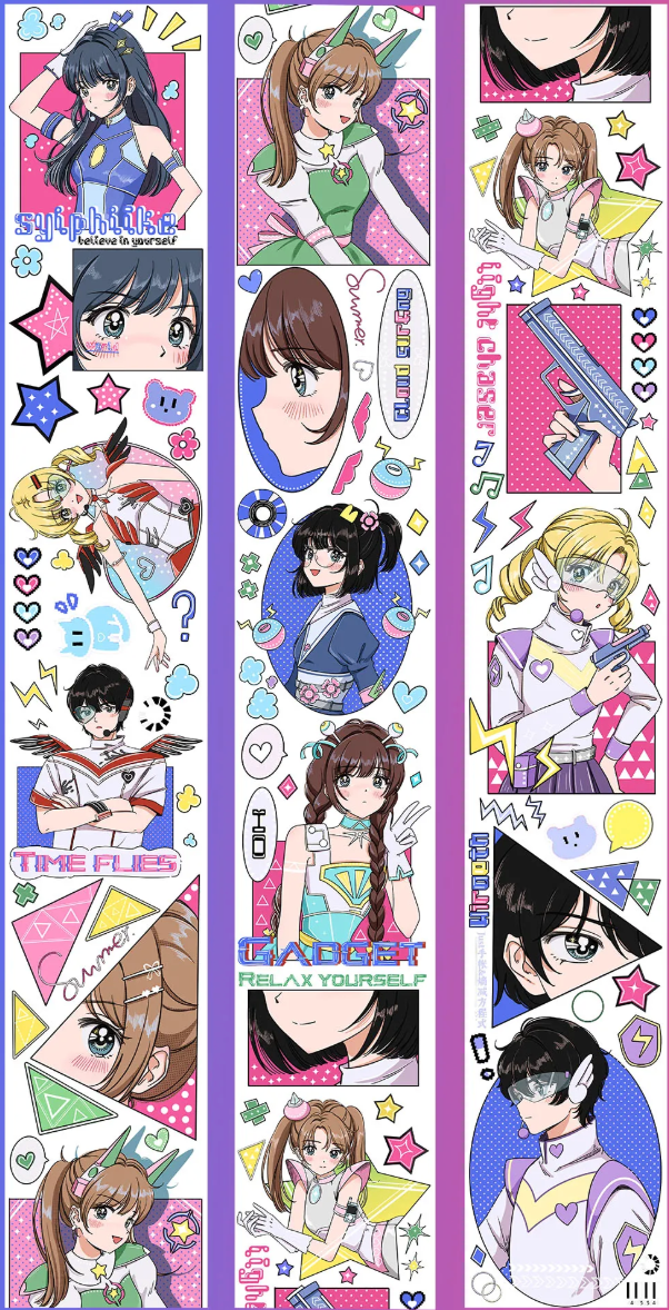 Idol anime girls PET tape displayed against neon cyberpunk city backdrop