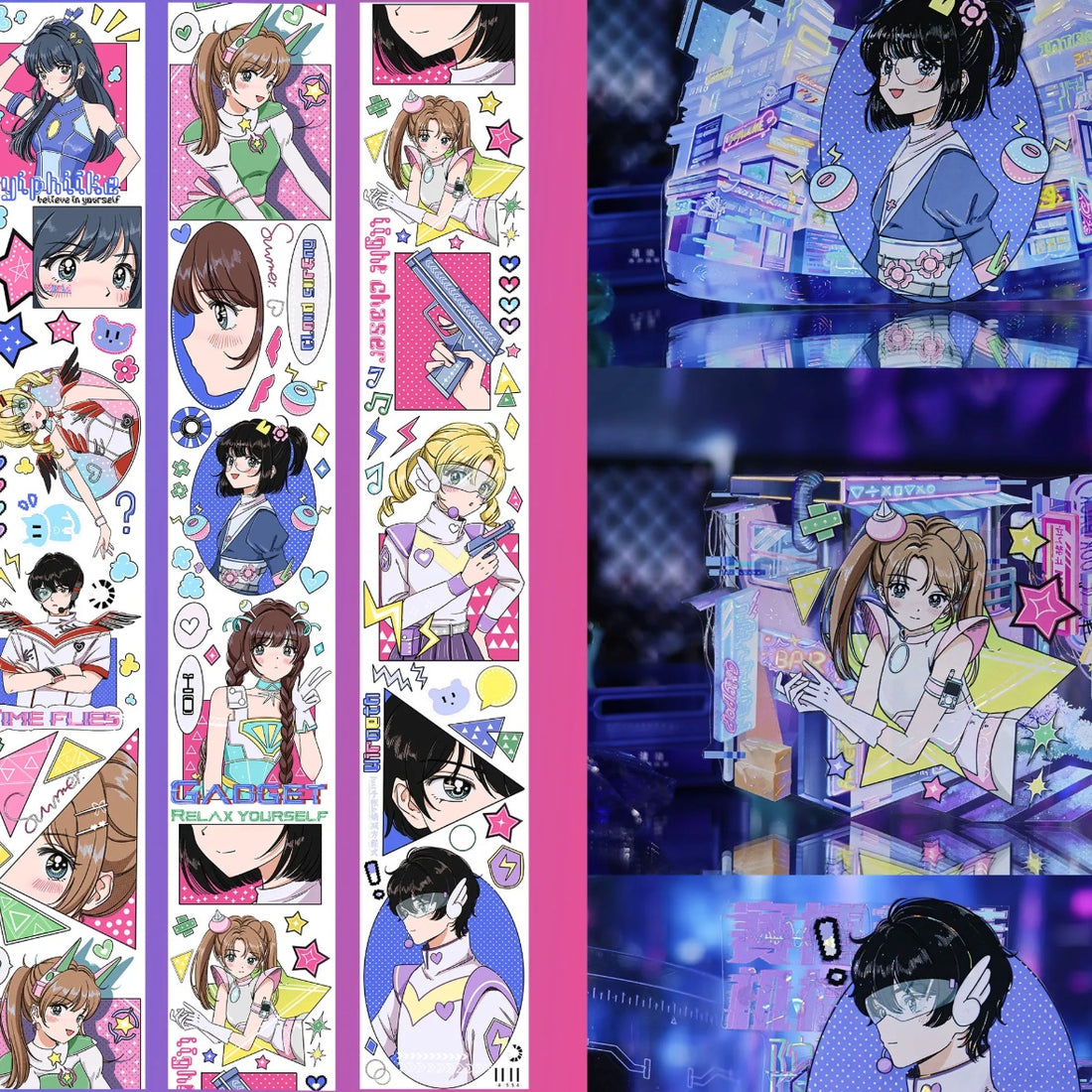 Colorful idol anime girls PET tape showing vibrant pop-art characters with Light Chaser text accents