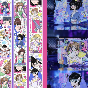 Colorful idol anime girls PET tape showing vibrant pop-art characters with Light Chaser text accents