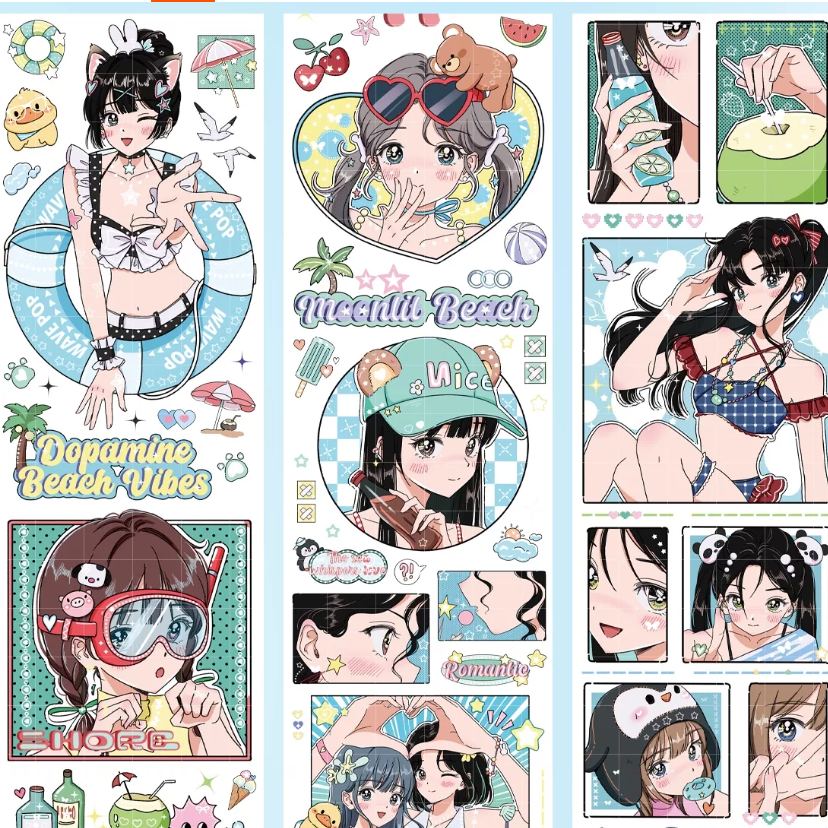 Anime summer beach girls PET tape showing colorful anime girls in swimwear with tropical beach elements