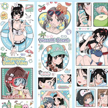 Anime summer beach girls PET tape showing colorful anime girls in swimwear with tropical beach elements
