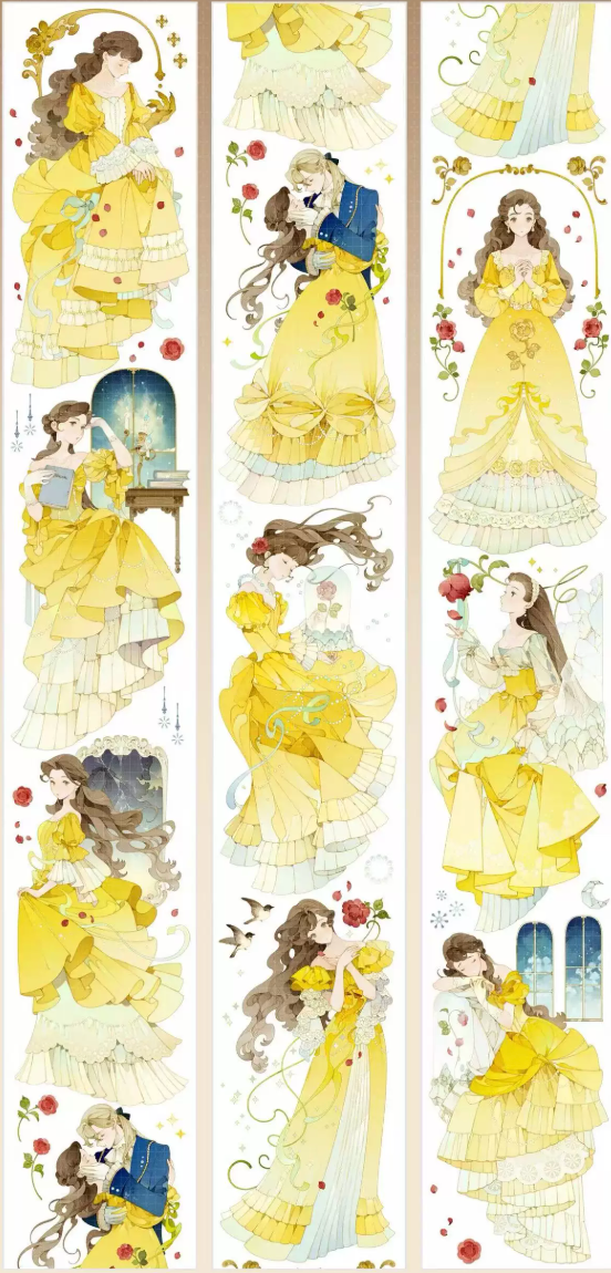 Three strips of Belle fairytale PET tape with romantic watercolor princess and Beast scenes