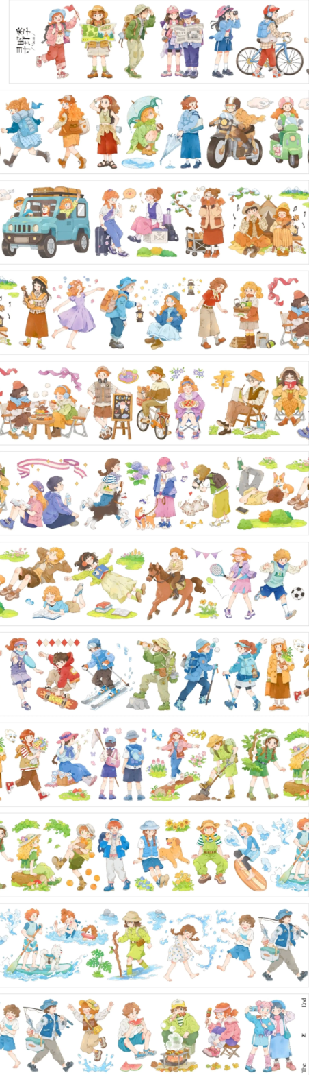 Everyday life adventure girls PET tape physical sheets showing full strip layout with colorful activity illustrations