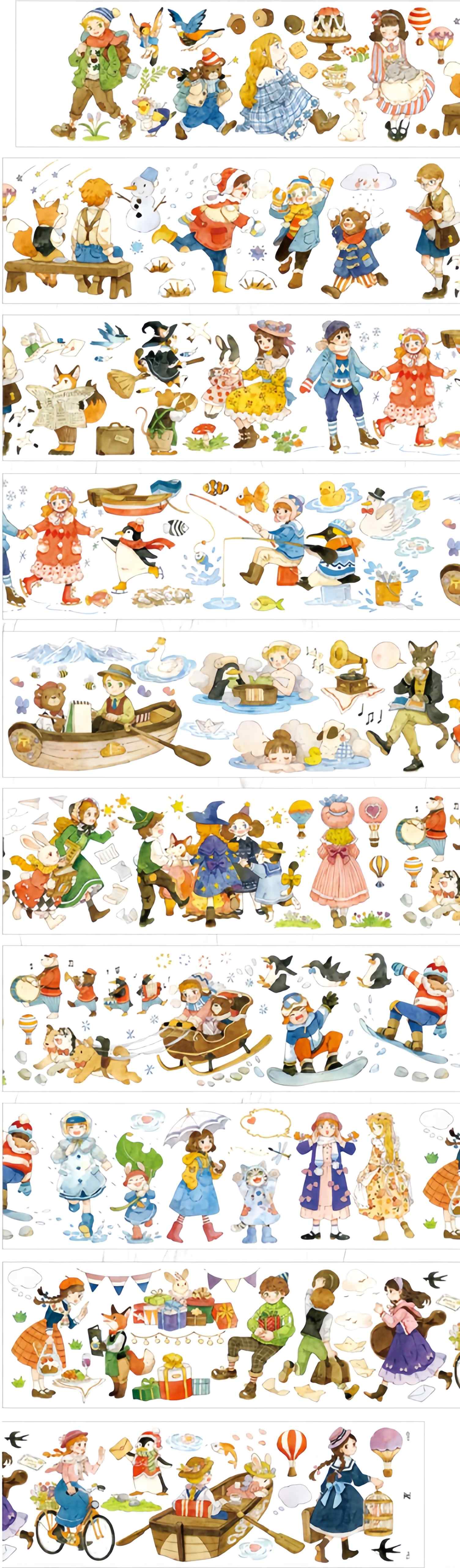 Full storybook adventure PET tape showing three strips of charming fairytale characters in whimsical adventures