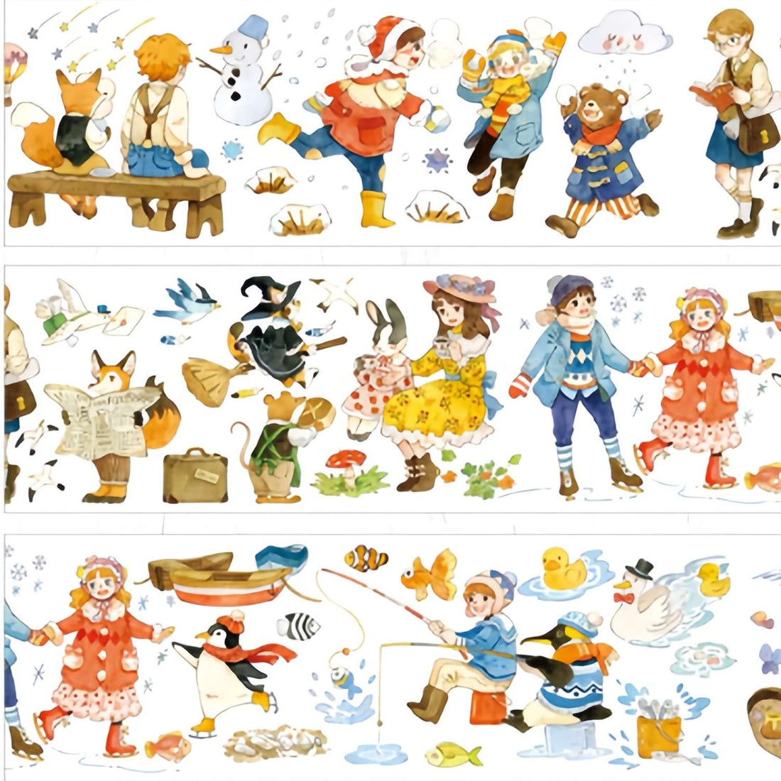 Storybook adventure characters PET tape showing vintage fairytale children and animals rowing sledding and dancing