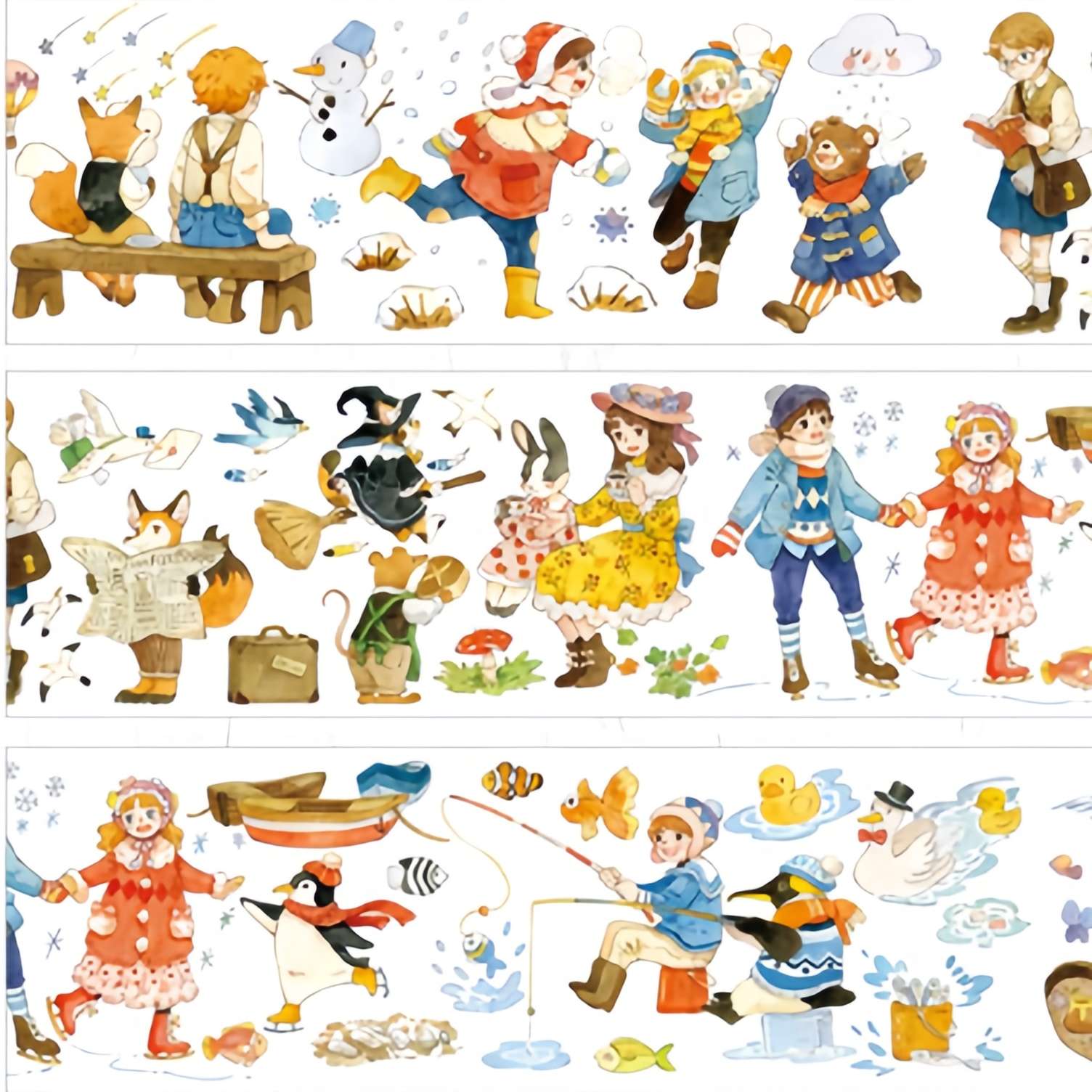 Storybook characters PET tape close-up showing bear boy fox penguin rabbit witch and princess in seasonal scenes