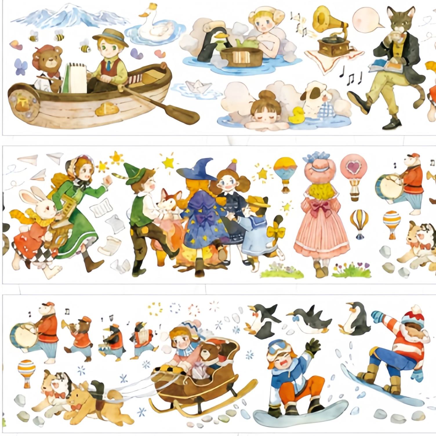 Storybook adventure characters PET tape showing vintage fairytale children and animals rowing sledding and dancing