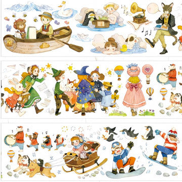 Storybook adventure characters PET tape showing vintage fairytale children and animals rowing sledding and dancing