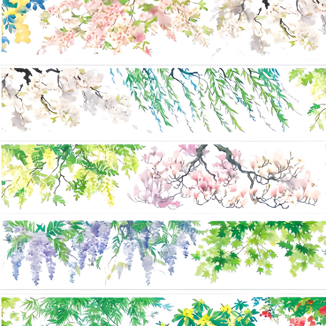 Four seasons flowering trees PET tape showing spring pink wisteria and white cherry blossom canopy strips