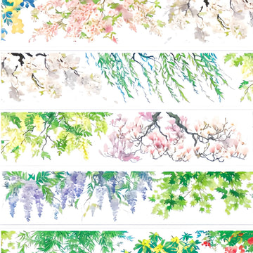 Four seasons flowering trees PET tape showing spring pink wisteria and white cherry blossom canopy strips