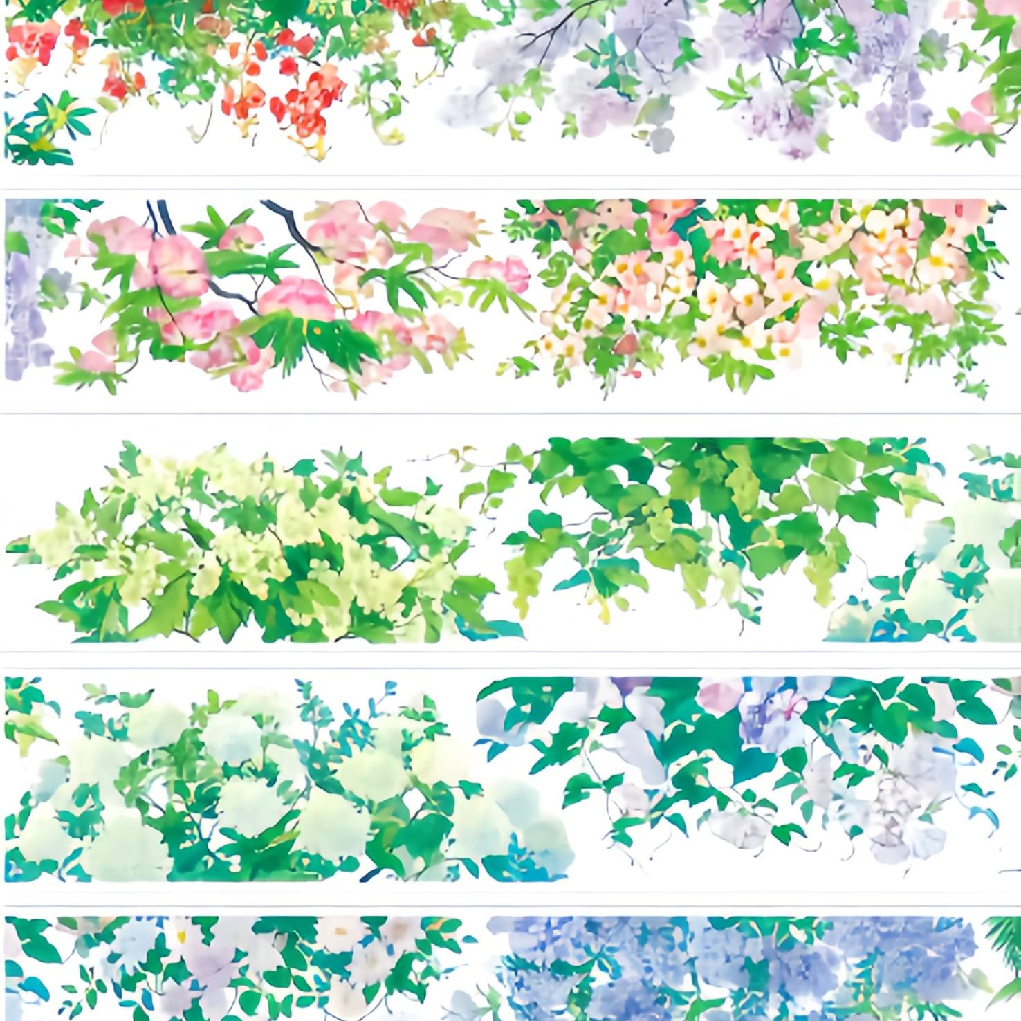 Four seasons PET tape strips showing spring cherry blossom willow and summer magnolia in Chinese ink style
