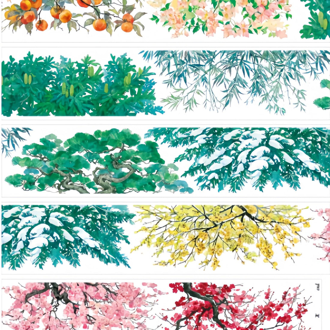 Four seasons flowering trees PET tape showing spring pink wisteria and white cherry blossom canopy strips