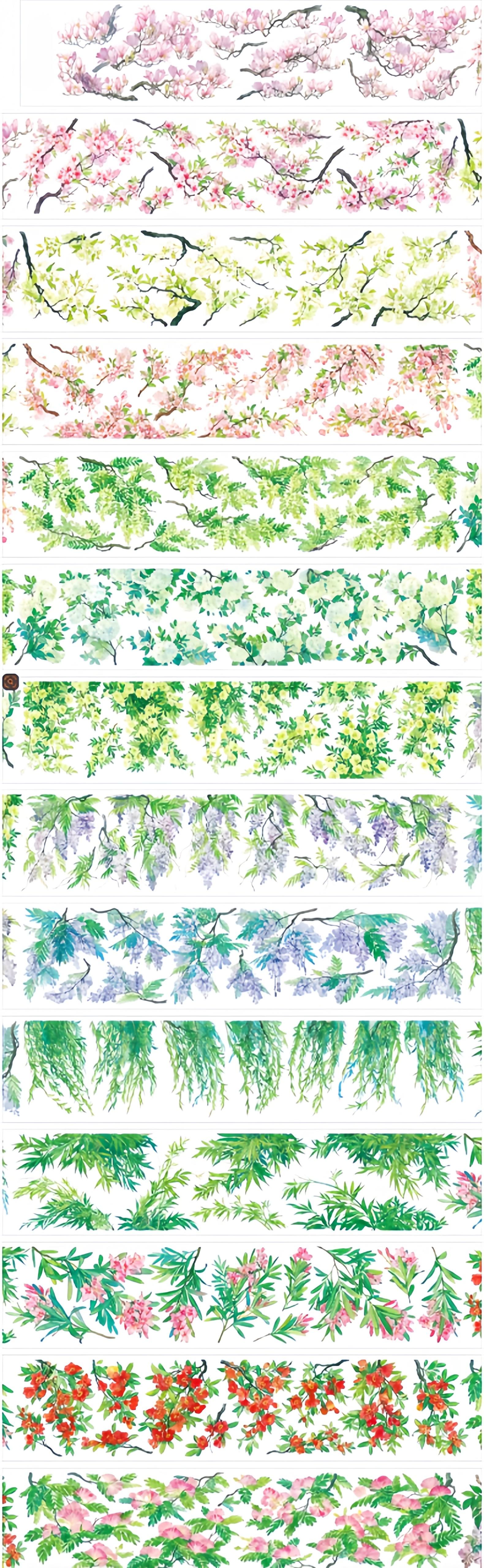 Full layout of blossoming floral branch PET tape showing six botanical flower strip variations