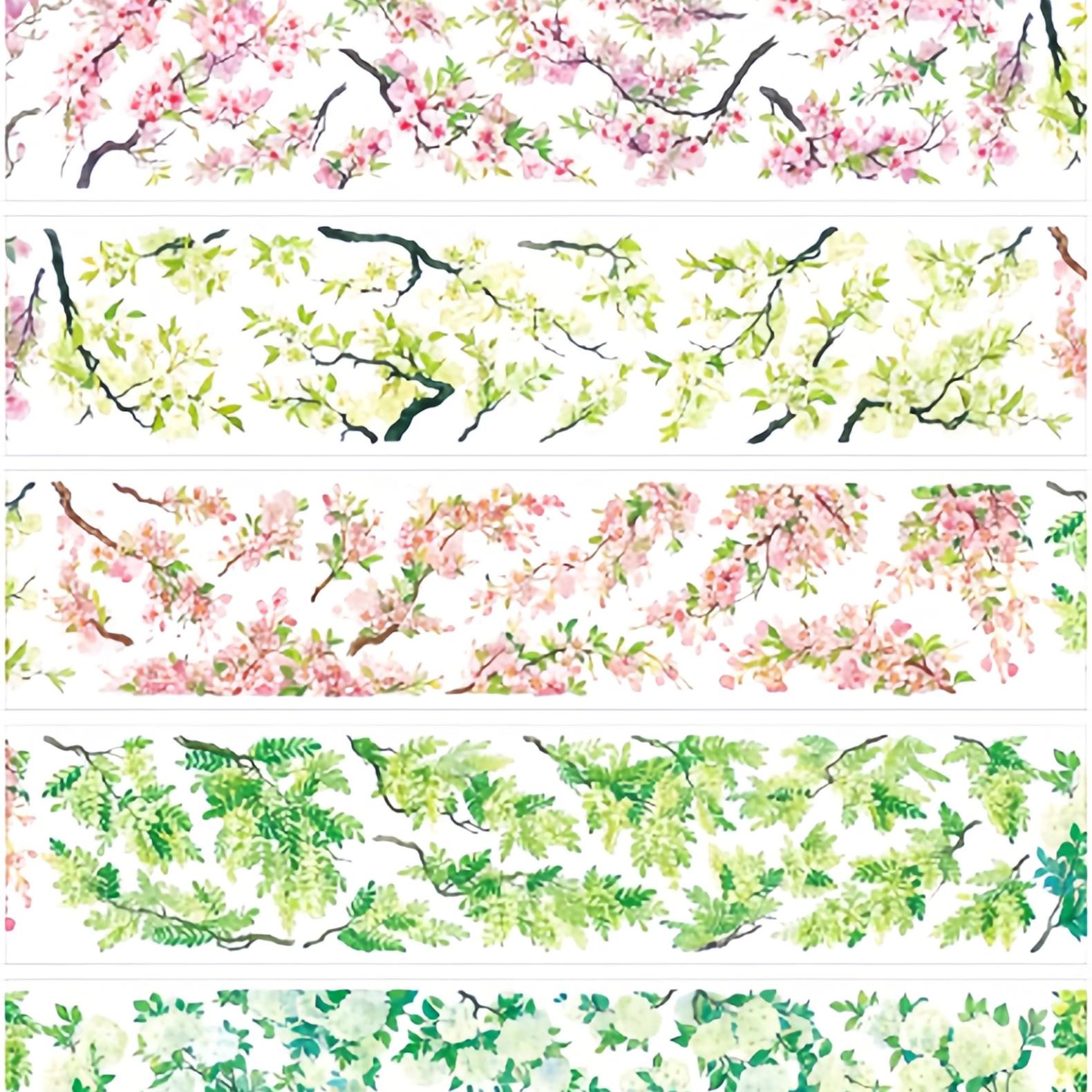 Floral branch PET tape overview showing multiple botanical flower strips with wisteria and forsythia