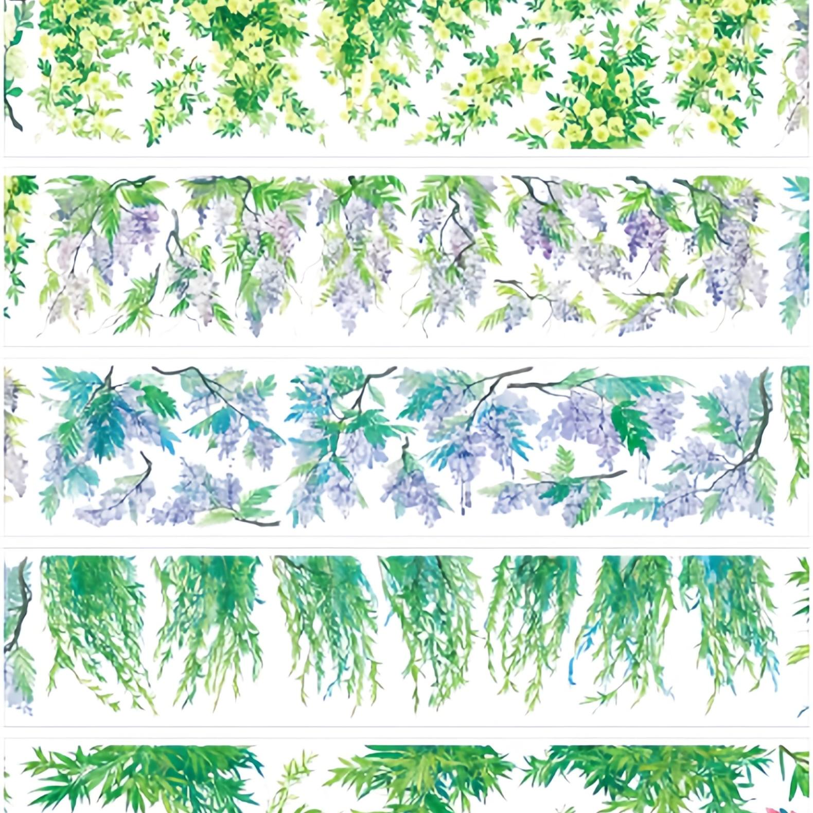 Chinese botanical tape strips showing dense red quince and pink rose blossoms on leafy branches