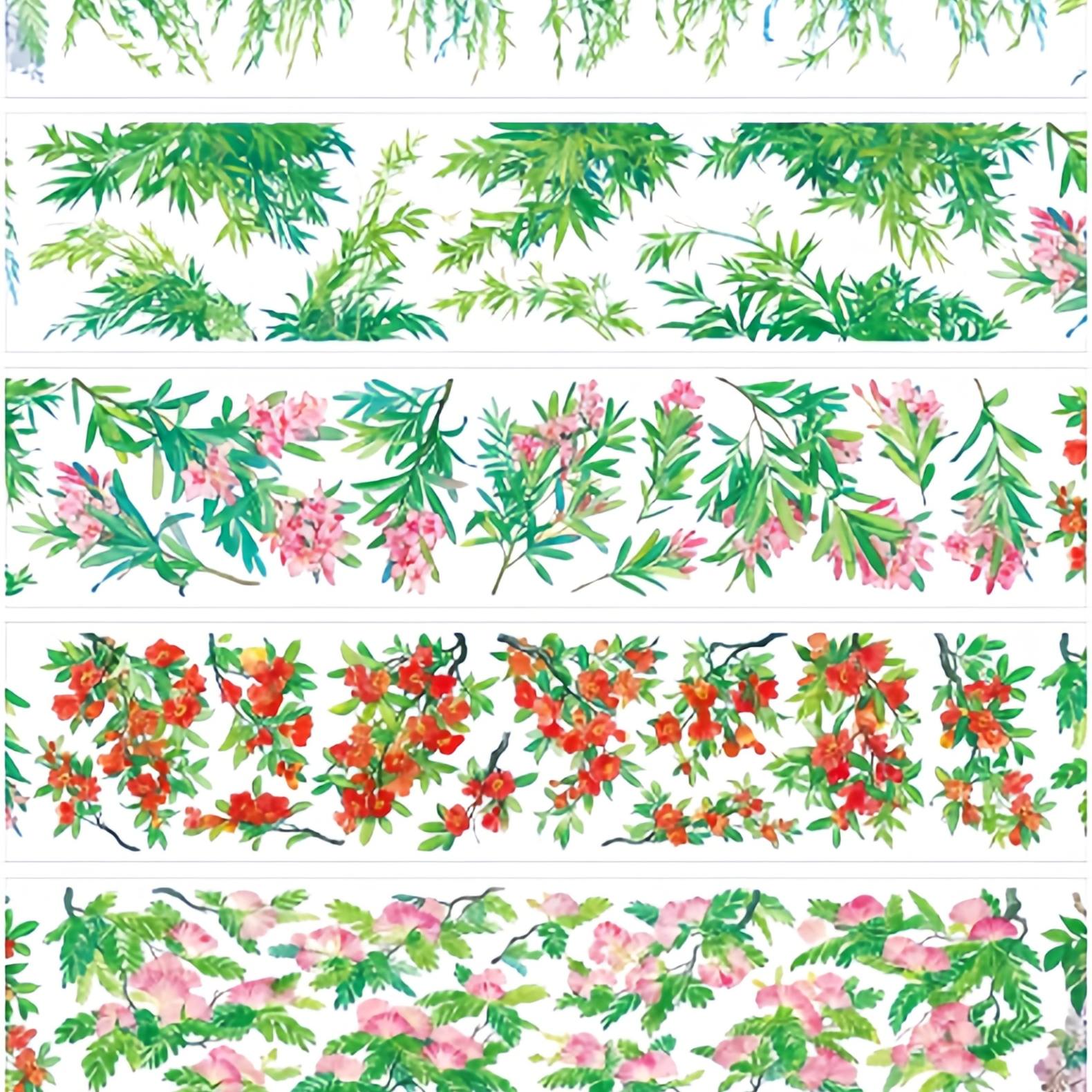Blossoming branch PET tape showing bamboo green foliage and red flower stems in Chinese watercolor style