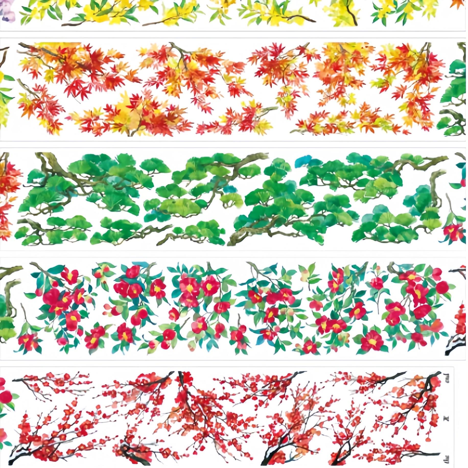 Chinese botanical branch PET tape with multiple flower varieties including red berries pink roses and wisteria