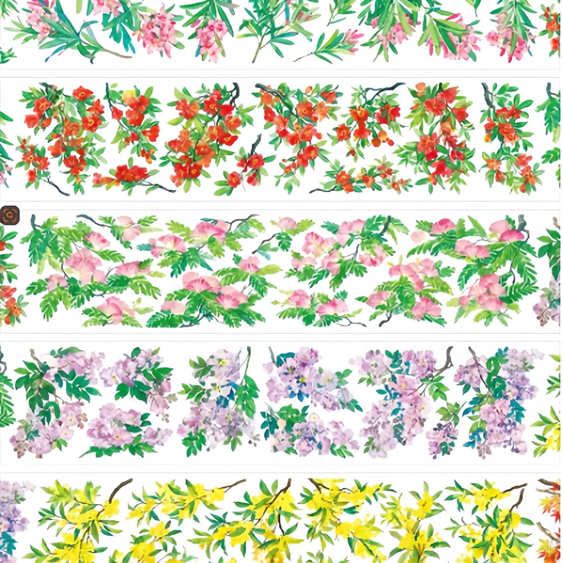 Blossoming floral branch PET tape showing dense red quince and pink climbing roses on green leafy branches