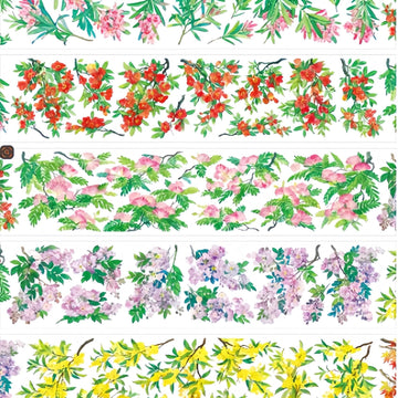 Blossoming floral branch PET tape showing dense red quince and pink climbing roses on green leafy branches