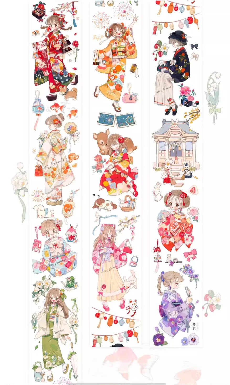 Camellia anime girl washi tape — multiple design strips showing illustrated characters in traditional Japanese and Chinese outfits with floral and animal details