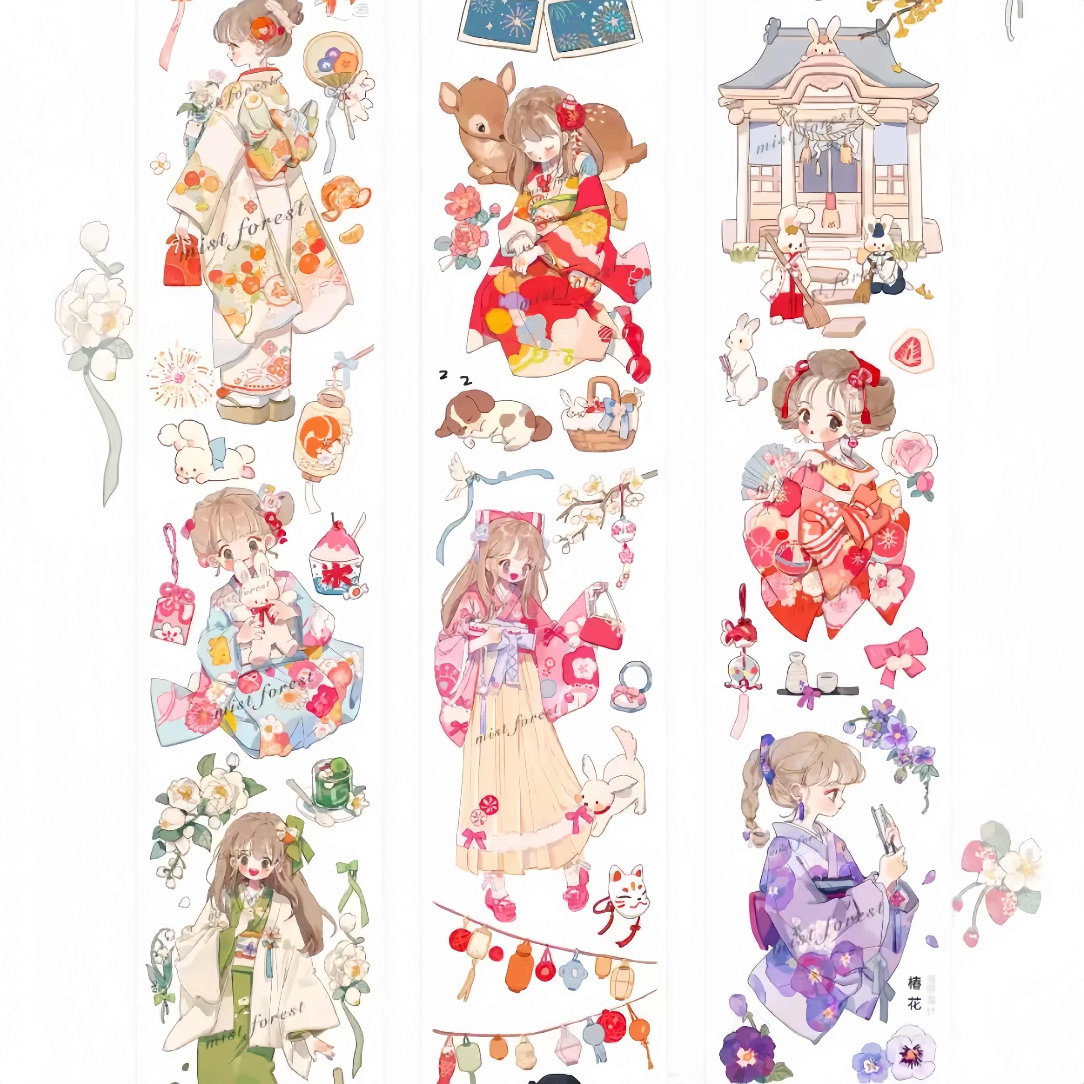 Wide washi tape strips featuring watercolor anime girls in kimono and hanfu with camellia flowers, rabbits, deer, and seasonal festival motifs