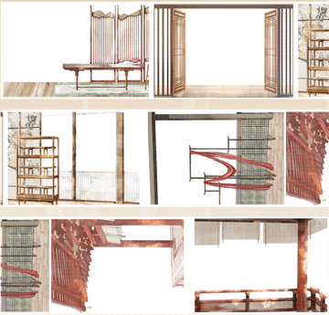 Japanese interior architecture background washi tape showing tatami rooms, lattice screens, and wooden sliding doors in warm earthy red tones