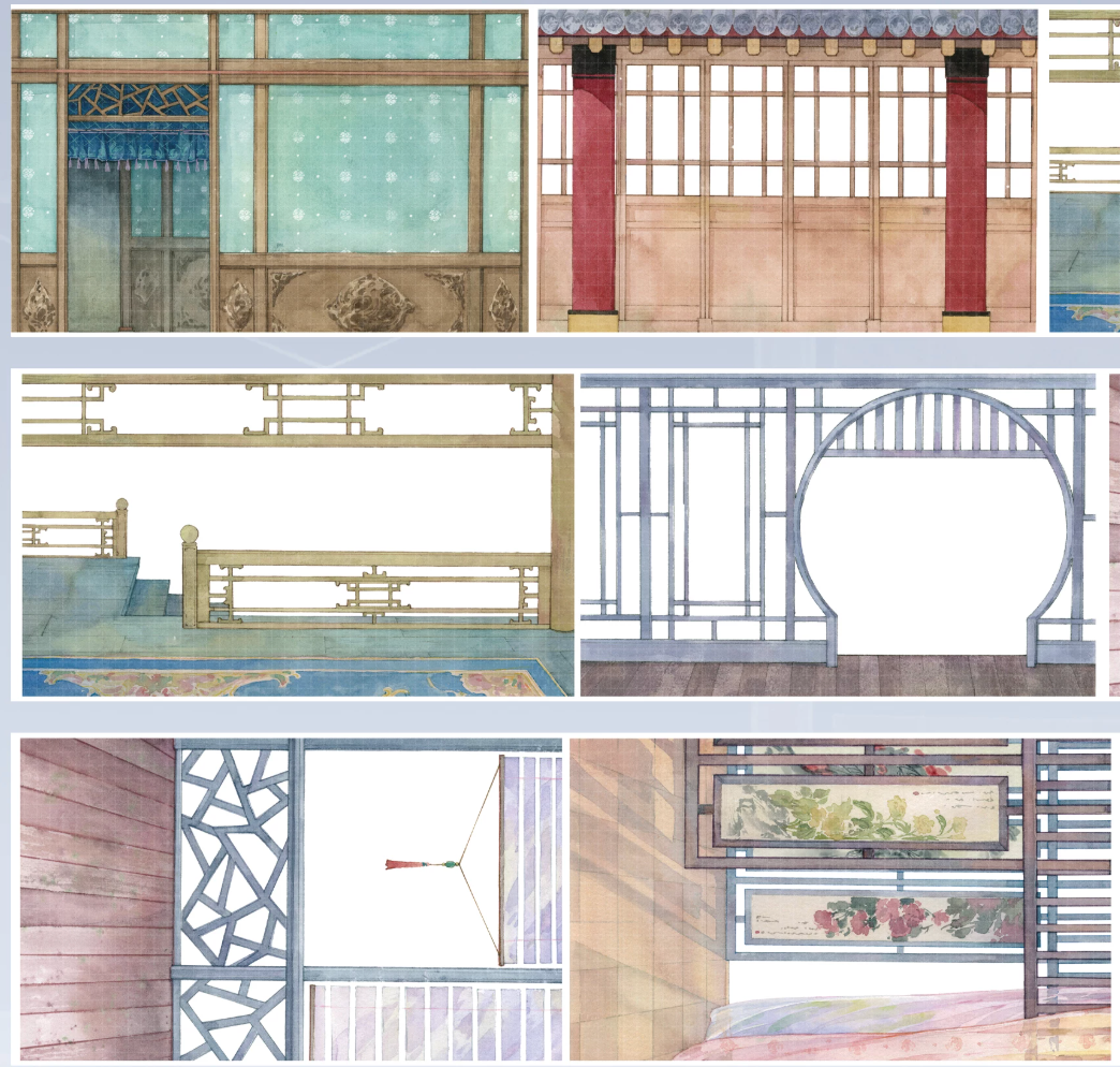 Chinese garden architecture background washi tape featuring ornate lattice windows, circular moon gates, and courtyard walls in soft blue-green tones