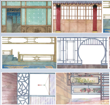 Chinese garden architecture background washi tape featuring ornate lattice windows, circular moon gates, and courtyard walls in soft blue-green tones