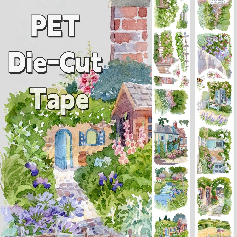 English cottage garden PET die-cut washi tape showing watercolor garden scenes with brick cottage, blue door, and lush green hedges