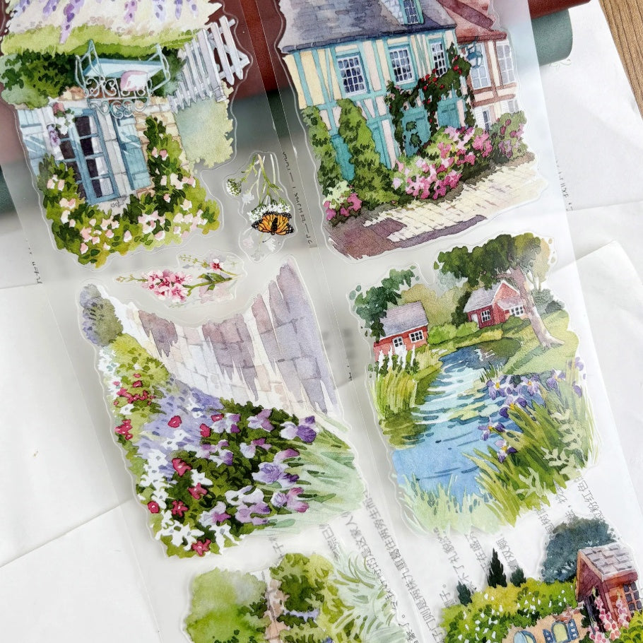 Close-up of English cottage garden PET die-cut tape showing individual die-cut garden scene elements