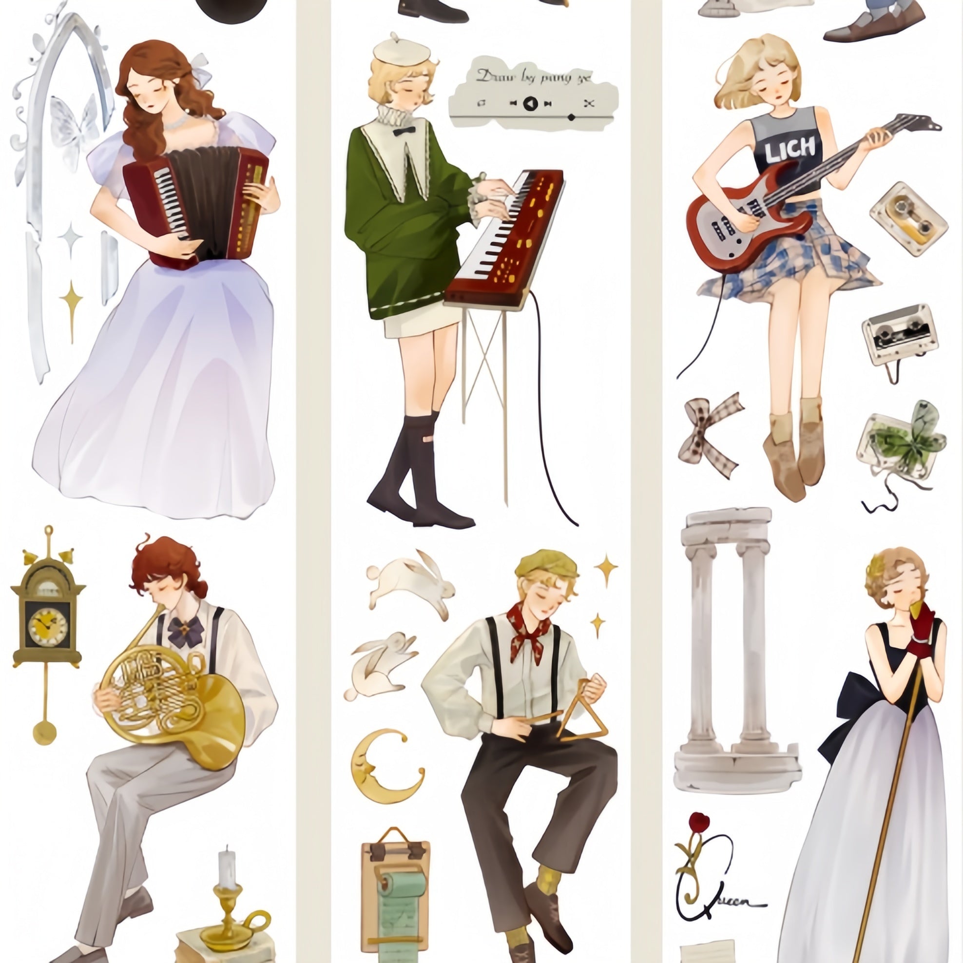Musician characters PET die-cut washi tape featuring illustrated figures playing accordion, piano, guitar, and French horn