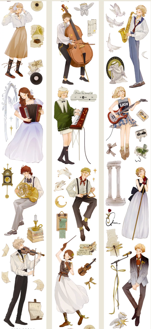 Die-cut tape with illustrated musician characters — detailed view of character artwork in warm vintage tones