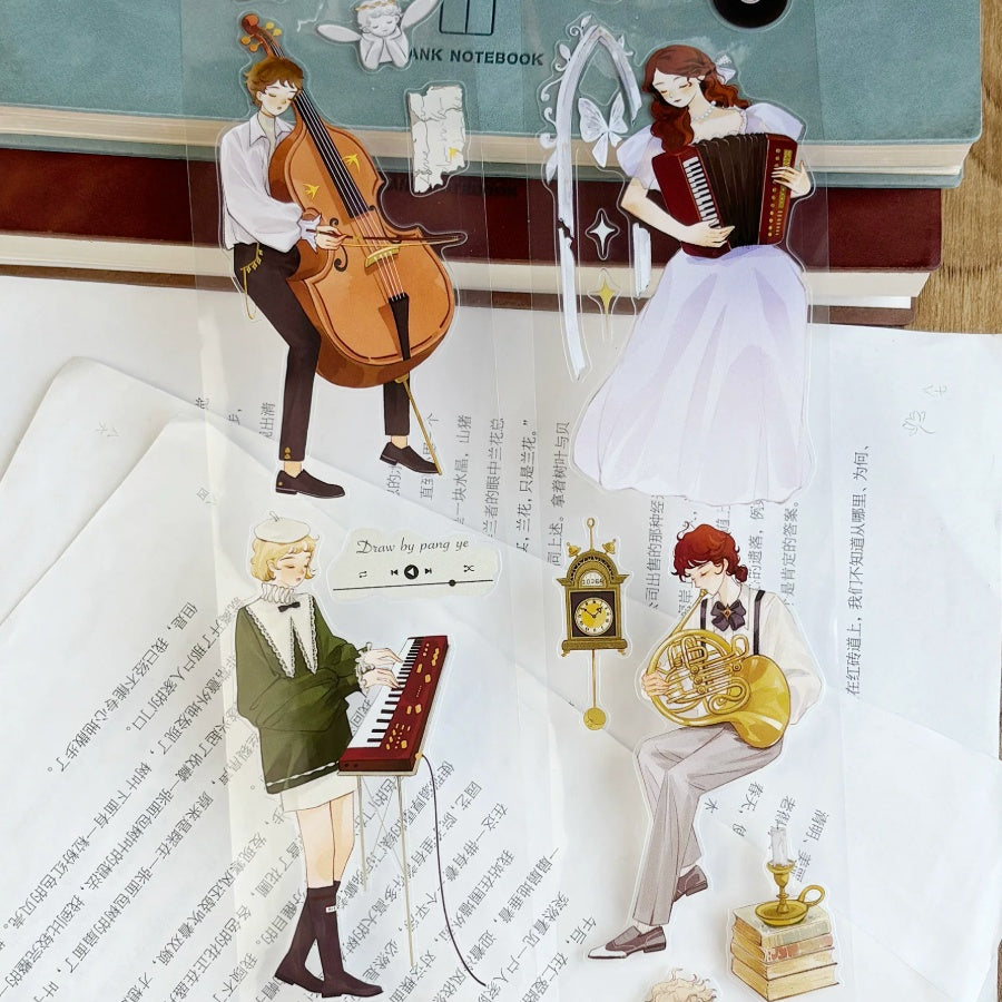 Musician characters die-cut tape strip showing vintage European style illustrated musician figures