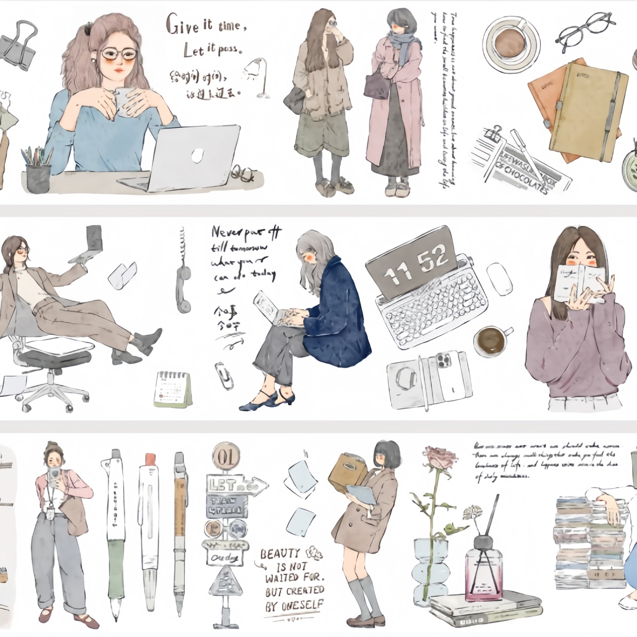 Modern girl life PET die-cut washi tape showing illustrated women working, reading, and enjoying everyday moments