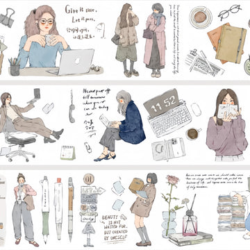 Modern girl life PET die-cut washi tape showing illustrated women working, reading, and enjoying everyday moments