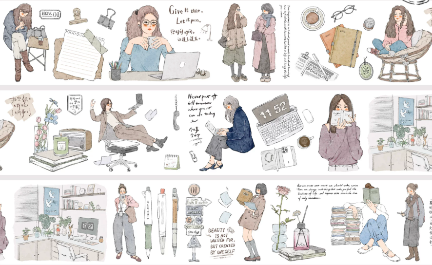 Detail of modern girl die-cut tape showing cozy lifestyle scenes with stationery and everyday objects