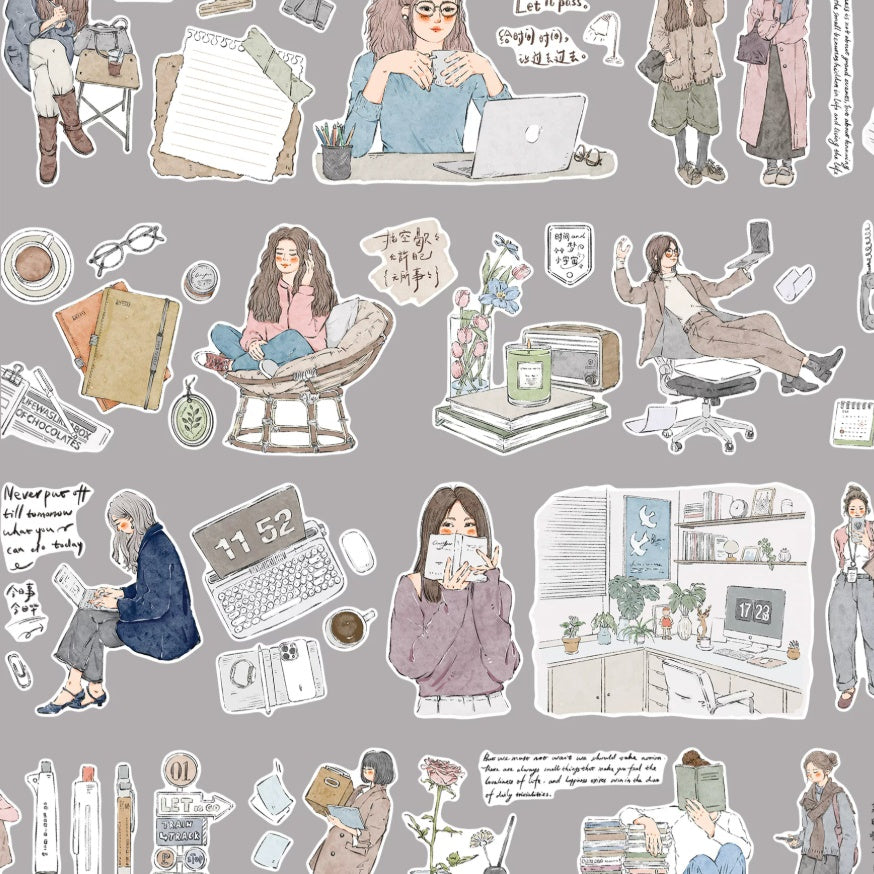 Modern girl lifestyle washi tape roll on clear PET film with contemporary illustrated characters
