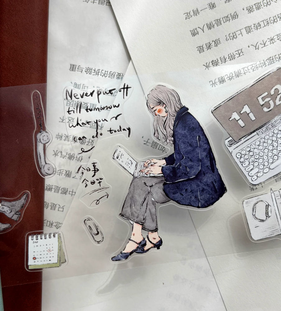 Modern girl life die-cut tape showing illustrated vignettes of women at work and leisure with motivational English text