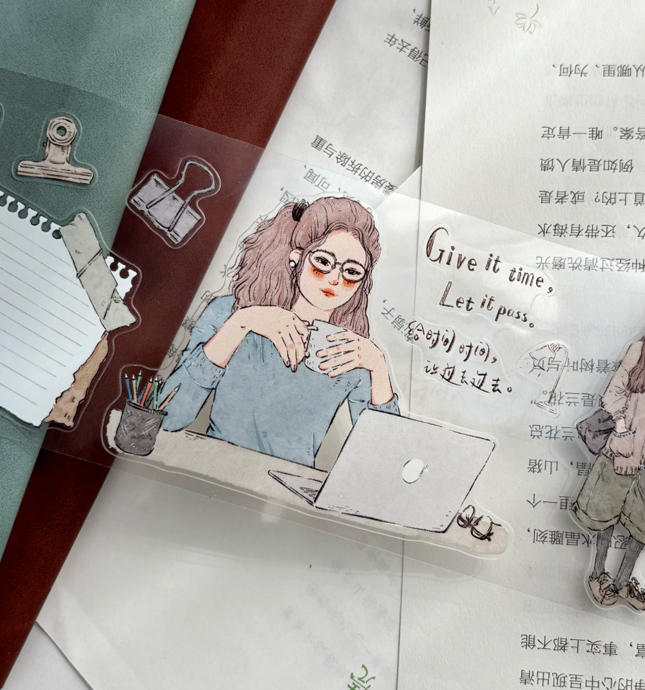 Modern girl life PET die-cut washi tape showing illustrated women working, reading, and enjoying everyday moments